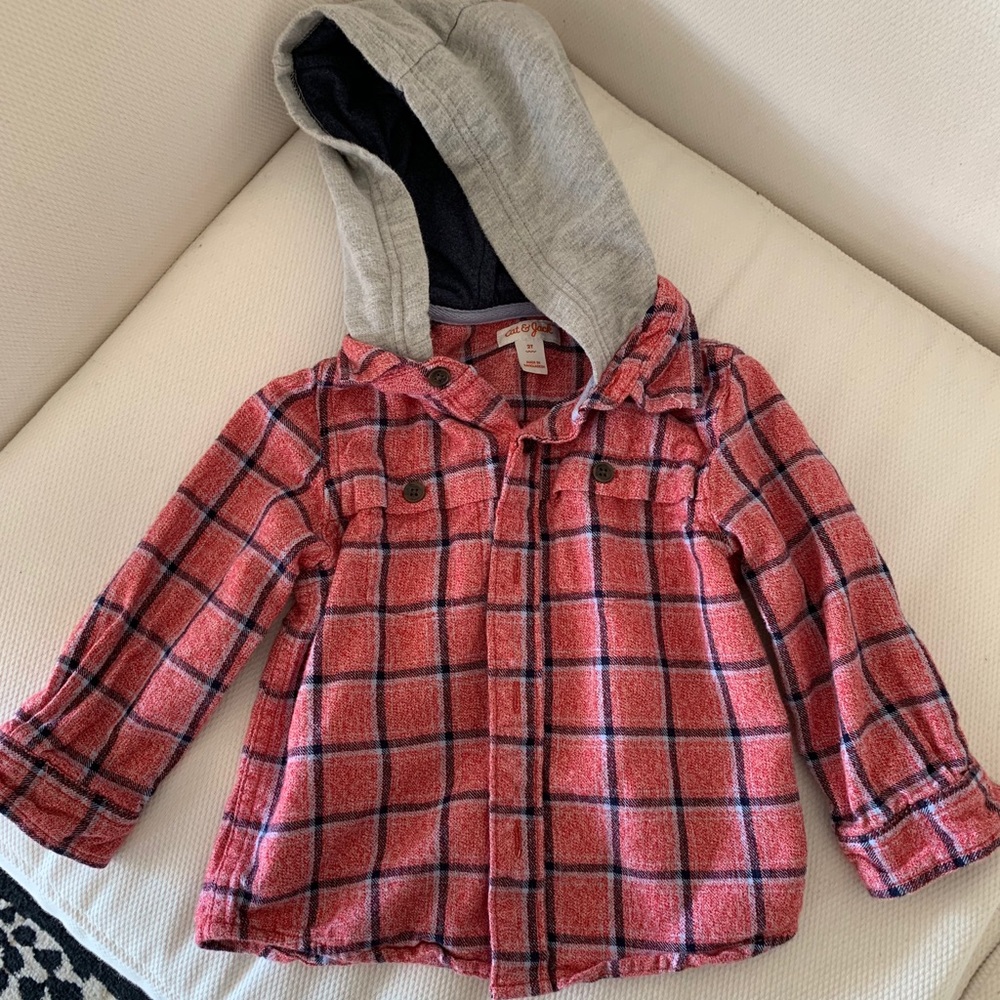 Button up hoodie. Red with blue and grey.